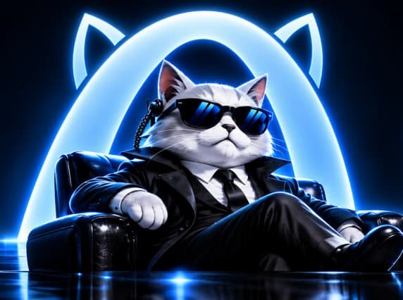 The CIA agent cat reclining in a leather chair beneath a glowing ARC arch